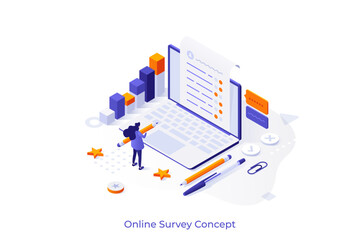 Conceptual template with woman filling in questionnaire on laptop computer screen. Scene for internet service for creation of public survey, statistical research. Isometric vector illustration.