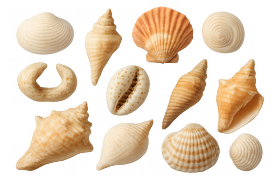Collection of assorted seashells with different shapes and textures, isolated on a transparent background, summer and ocean concept
