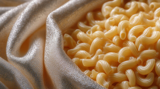 Macro shot of elbow macaroni in an open white sack, tactile texture of dried pasta contrasted with soft fabric folds