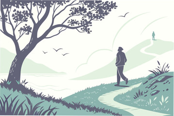 Person walking on a path in a serene landscape trail