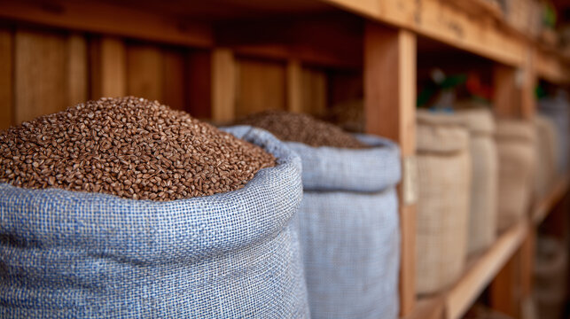 Burlap sacks of buckwheat arranged on a warehouse shelf, one open to display triangular, earthy-colored grains