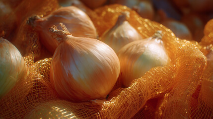 Close-up of yellow onions in orange net sacks, translucent skins catching warm afternoon sunlight filtering through warehouse windows