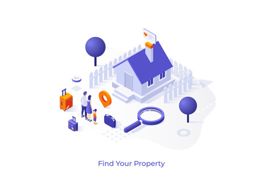 Conceptual template with family moving into new house or cottage and magnifier. Scene for buying home, search for real estate, finding property. Modern isometric vector illustration for website. - Powered by Adobe