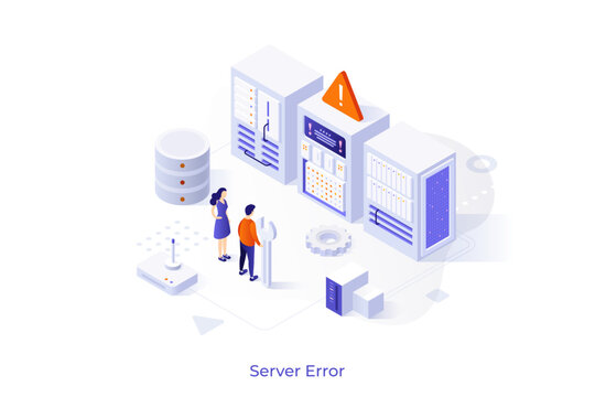 Conceptual template with people holding wrench and looking at computer hardware and warning sign. Scene for web server error, technical maintenance. Modern isometric vector illustration for webpage.