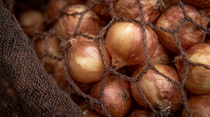 Pile of onion nets stacked in an organized grid pattern, warm tones and fine mesh texture sharply detailed in close-up
