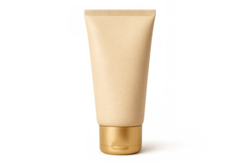 Skincare cosmetic tube mockup presenting a cream or lotion product with a gold cap on transparent background