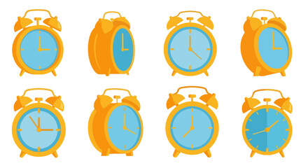 eight colorful alarm clocks arranged neatly in two rows