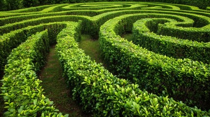 A green maze made of neatly trimmed hedges. The pathways create a winding pattern, inviting exploration and adventure in a lush garden setting.