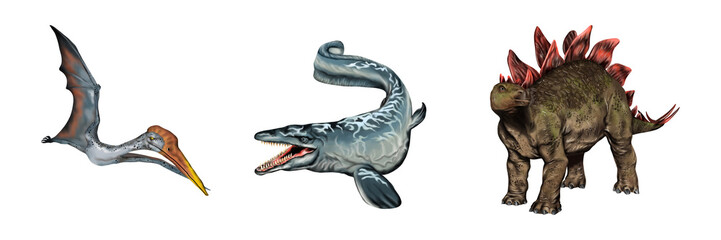 Realistic illustration of Pteranodon, Mosasaurus, and Stegosaurus from prehistoric times.