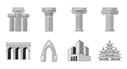 Naklejka premium various architectural columns and structures from different cultures and eras
