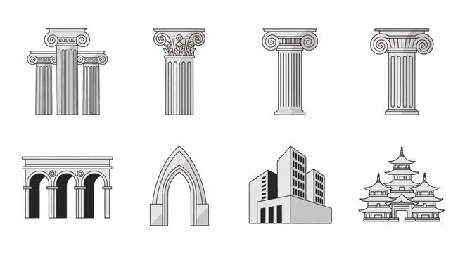 various architectural columns and structures from different cultures and eras