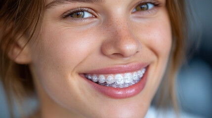 Elegant female model smiling with invisible aligners, captured in crisp high-resolution macro detail, smooth lips and polished teeth against a minimal backdrop