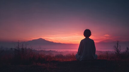 Fototapeta premium Person Sitting Meditation in a Tranquil Nature Scene at Sunset