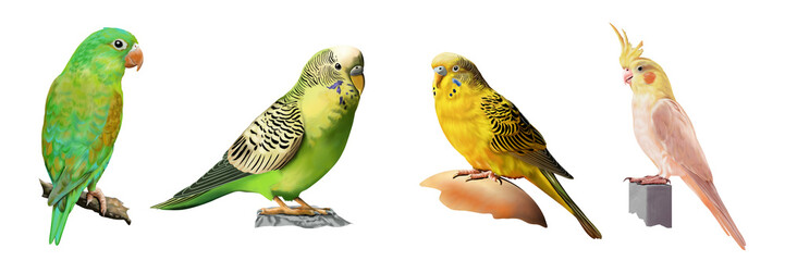 Colorful parakeets and cockatiel perched on branches, cute tropical pet bird illustration.
