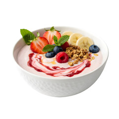 Healthy Yogurt Bowl With Fresh Berries Granola And Honey Drizzled On Top Studio Shot Against A Clean Black Background With Mint Leaves