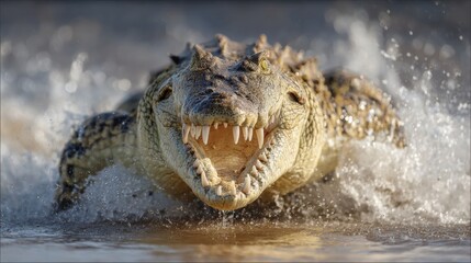 Obraz premium Close-Up of a Crocodile Emerging from Water with Open Mouth Showing Sharp Teeth
