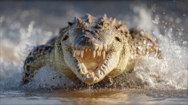 Close-Up of a Crocodile Emerging from Water with Open Mouth Showing Sharp Teeth