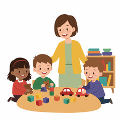 Warm cartoon scene of a teacher guiding three diverse children playing with blocks and toy cars at a table. Joyful, inclusive atmosphere perfect for early education, childcare marketing.