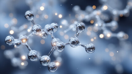 Photorealistic 3D molecule model with metallic atomic spheres and reflective bond lines, isolated against a bright gradient science background