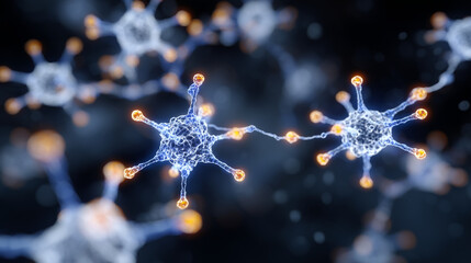 Molecular lattice structure with glowing blue and orange nodes connected by thin energy lines, representing atomic bonds in high detail