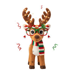 Festive Brown Reindeer Toy Decorated with Christmas Lights Santa Hats Glasses and Striped Scarf Isolated on Black Background