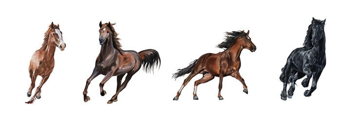 Running horses showing motion and strength, elegant wild animal digital illustration.