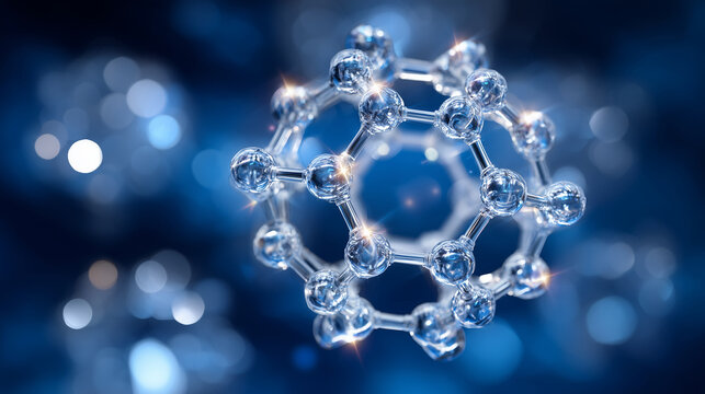 Photorealistic 3D molecule model with metallic atomic spheres and reflective bond lines, isolated against a bright gradient science background