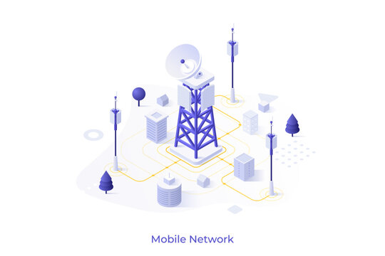 Conceptual template with cell tower with antenna and city buildings on street. Scene mobile wireless network, wifi technology, public internet access. Isometric vector illustration for website.
