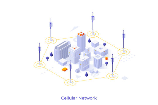 Conceptual template with cell towers surrounding city buildings. Scene for cellular network, public internet access, mobile wireless technology. Modern isometric vector illustration for webpage.