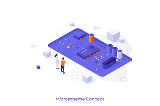 Conceptual template with people looking at integrated circuit. Scene for semiconductor microchip or microcircuit technology, computer hardware. Modern isometric vector illustration for website.