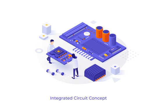 Conceptual template with man and woman carrying microprocessor to put it on motherboard. Scene for creation of integrated circuit or microchip. Modern isometric vector illustration for webpage.