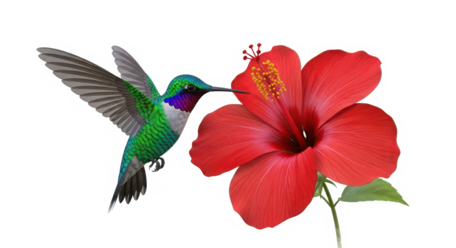 Vibrant green hummingbird with iridescent feathers hovers near a bright red hibiscus flower sipping nectar isolated on transparent background