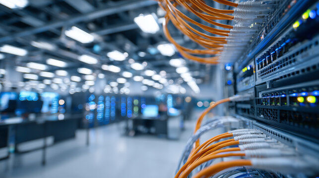 Close-up of neatly organized orange Ethernet cables weaving into network ports, illuminated by cool white lighting in a modern, pristine server room