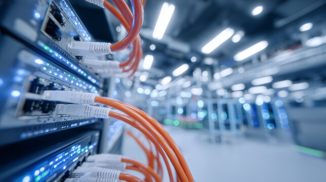 Dynamic close-up of orange cables entering multiple ports, illuminated by pure white ambient lighting, with reflections on the smooth data center surfaces
