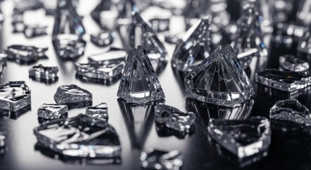 Diamonds and crystal shards are scattered across a reflective black surface creating a scene of luxury and elegance with their sparkling facets catching the light making it perfect for conveying them
