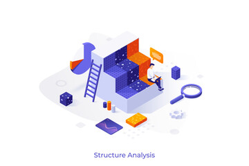 Fototapeta premium Conceptual template with man sitting on step of layered chart and working on laptop computer. Scene for study of object structure and components. Modern isometric vector illustration for website.
