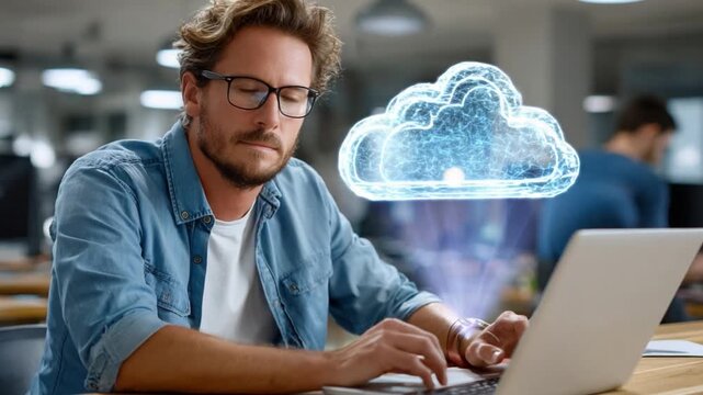 Cloud Computing Concept: A modern professional, deep in concentration, types on a laptop. Overlaying the scene is a digital cloud, representing innovative cloud computing.
