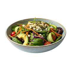 Fresh Garden Salad In A Bowl With Avocado Cucumber Tomatoes Spinach And Feta Cheese On A Black Background