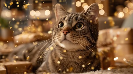 A cat sits amidst a golden confetti flying of festivities.