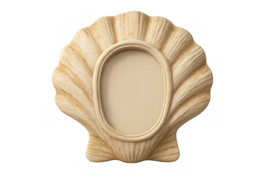 Seashell scallop frame with an empty oval space, symbolizing beach memories and summer display, transparent background