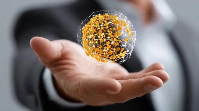Global Connectivity in Hand: A sophisticated individual cradles a luminous network sphere in their hand, symbolizing the seamless interconnection and vast opportunities of the digital age.