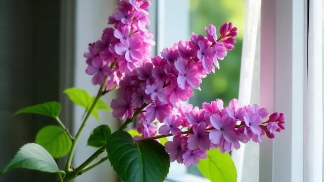 Pink flowers bloom beside a window with soft sunlight filtering through sheer curtains. Green leaves complement the vibrant petals.