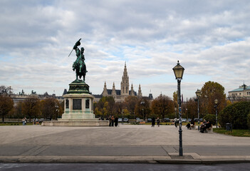 View of Vienna City Hall from the Hofburg across the autumn park