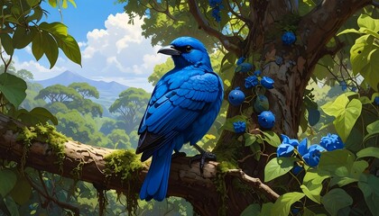 Vibrant Blue Bird Perched on a Branch with Lush Green Foliage and Mountain Background
