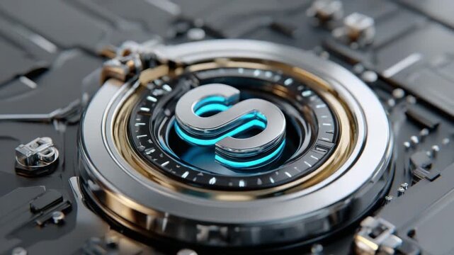 Abstract Tech Symbol: A futuristic and stylish logo of a letter 'S' illuminates with a vibrant neon glow, set against the backdrop of an intricate, technological motherboard.