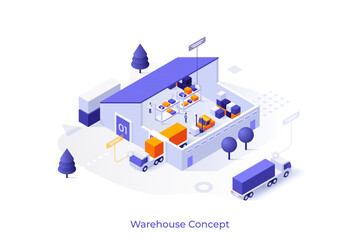 Conceptual template with cargo vehicles and shelvings inside warehouse. Scene for storage and delivery of goods, freight forwarding or logistics services. Isometric vector illustration for webpage.