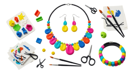 Vibrant handmade polymer clay jewelry, tools, and craft items isolated on transparent background