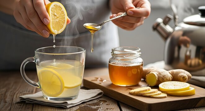 Hot Lemon Tea with Honey and Ginger on Wooden Table in Cozy Kitchen
