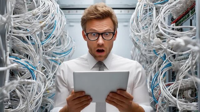 Network Crisis: A startled professional grapples with a tablet, amidst a chaotic network of cables, revealing a moment of technological challenge and urgency.