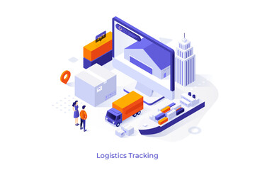 Conceptual template with people looking at warehouse on computer screen, truck, cargo ship, containers. Scene for tracking of international transportation of goods. Isometric vector illustration.